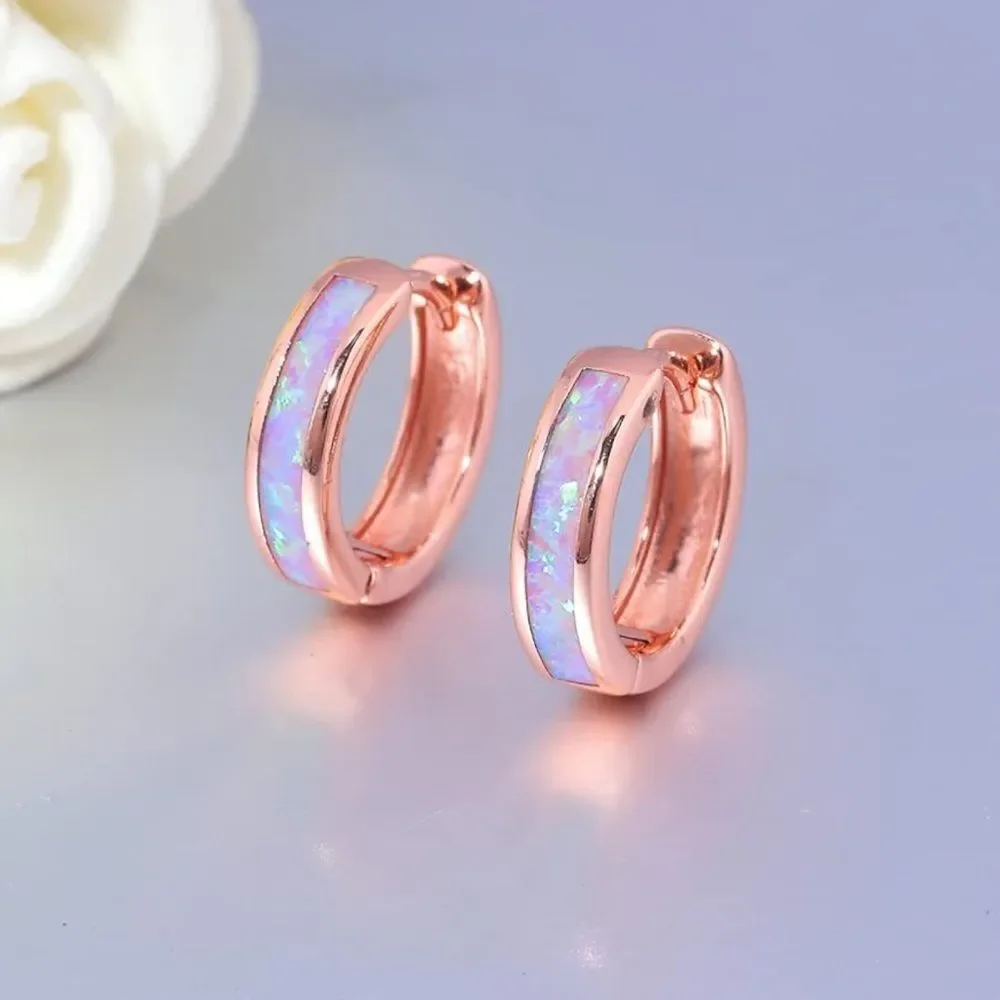 14K Rose Gold with Genuine Pink Fire Opal Huggie and Stud Earrings Set of 2